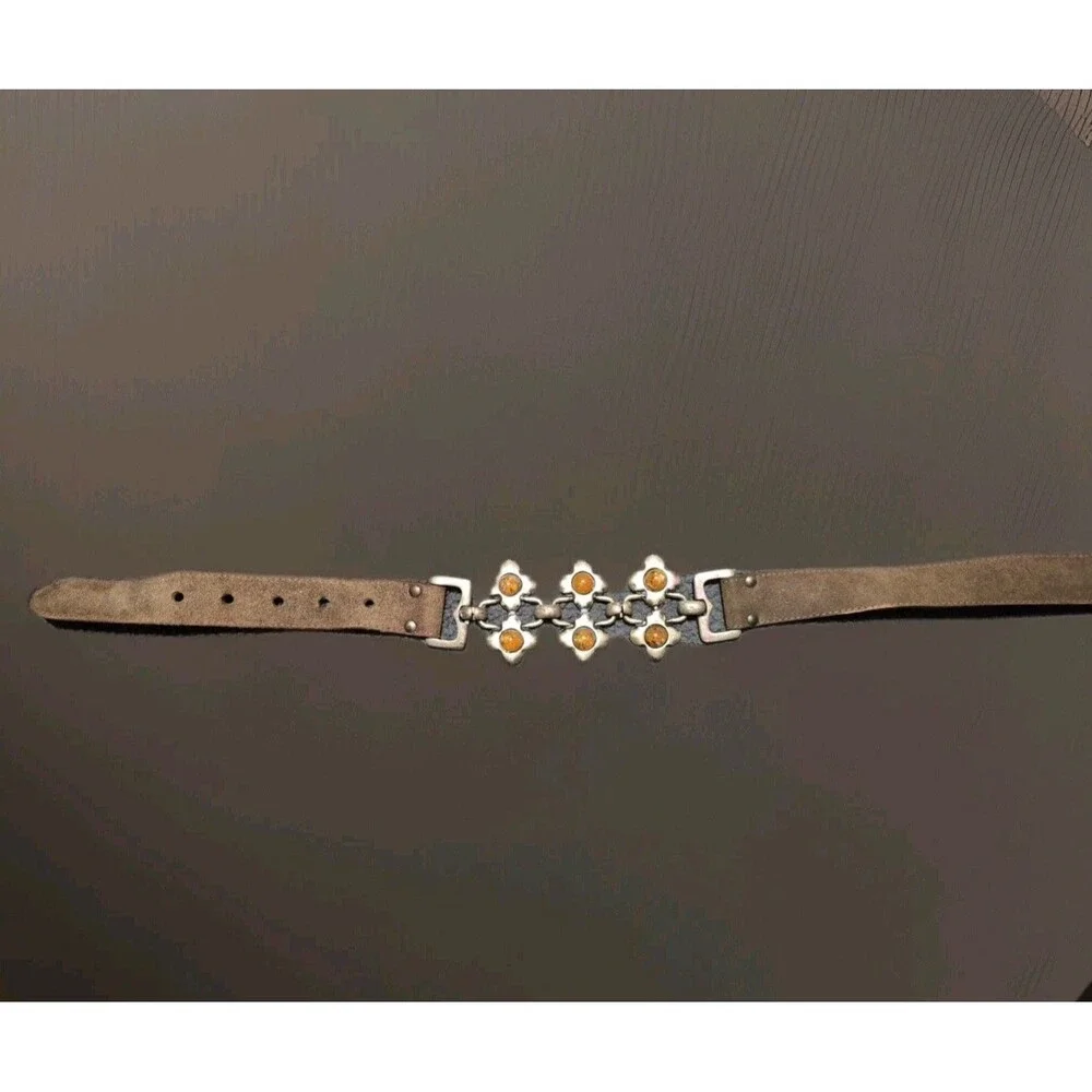 Y2K Italy Leather Floral Chain Link Belt Womens Med Waist Hip Brown Silver